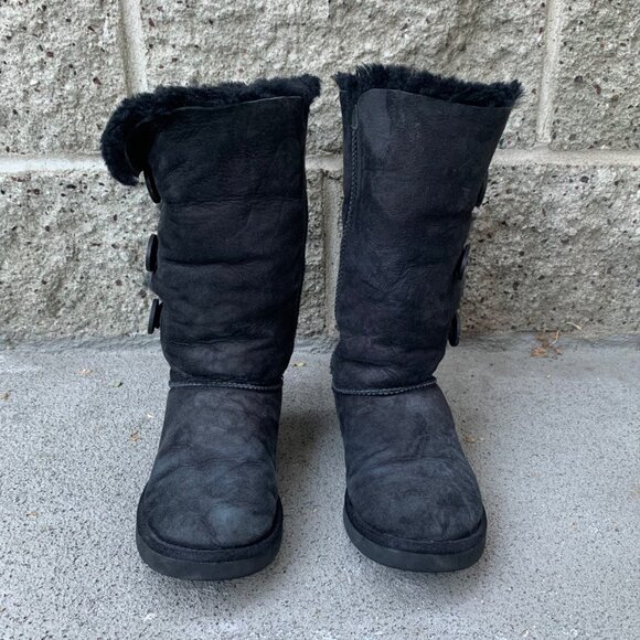 UGG AUSTRALIA Bailey Button Boots Womens 7 38 Black Suede High Boot Shearling - Picture 3 of 13